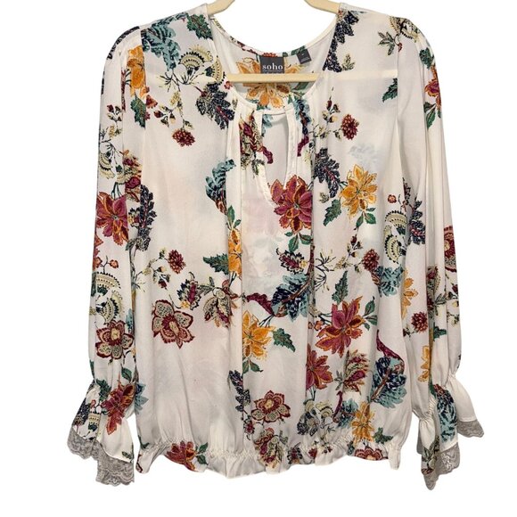 Soho New York & Co Womens Floral Long Sleeve Blouse With Lace Cuff Detail Size M - Picture 1 of 8